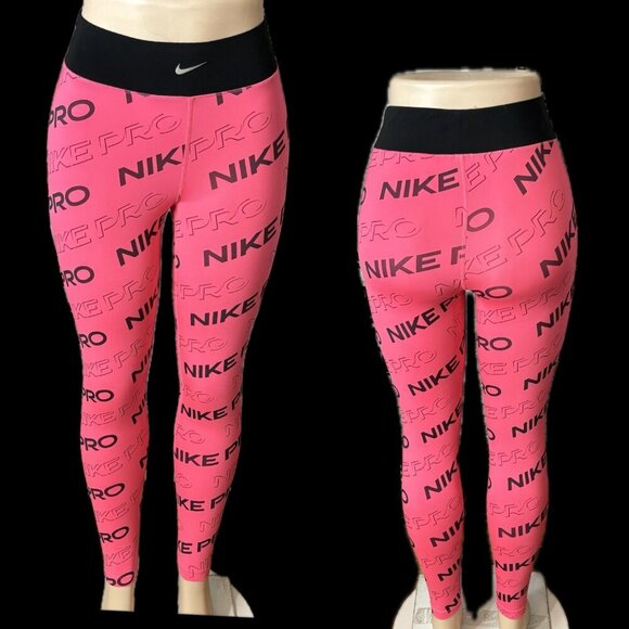 Nike S Coral Pink Logo Pro Print Wide Elastic Waistband Stretch Dri-Fit Tights - Picture 1 of 6